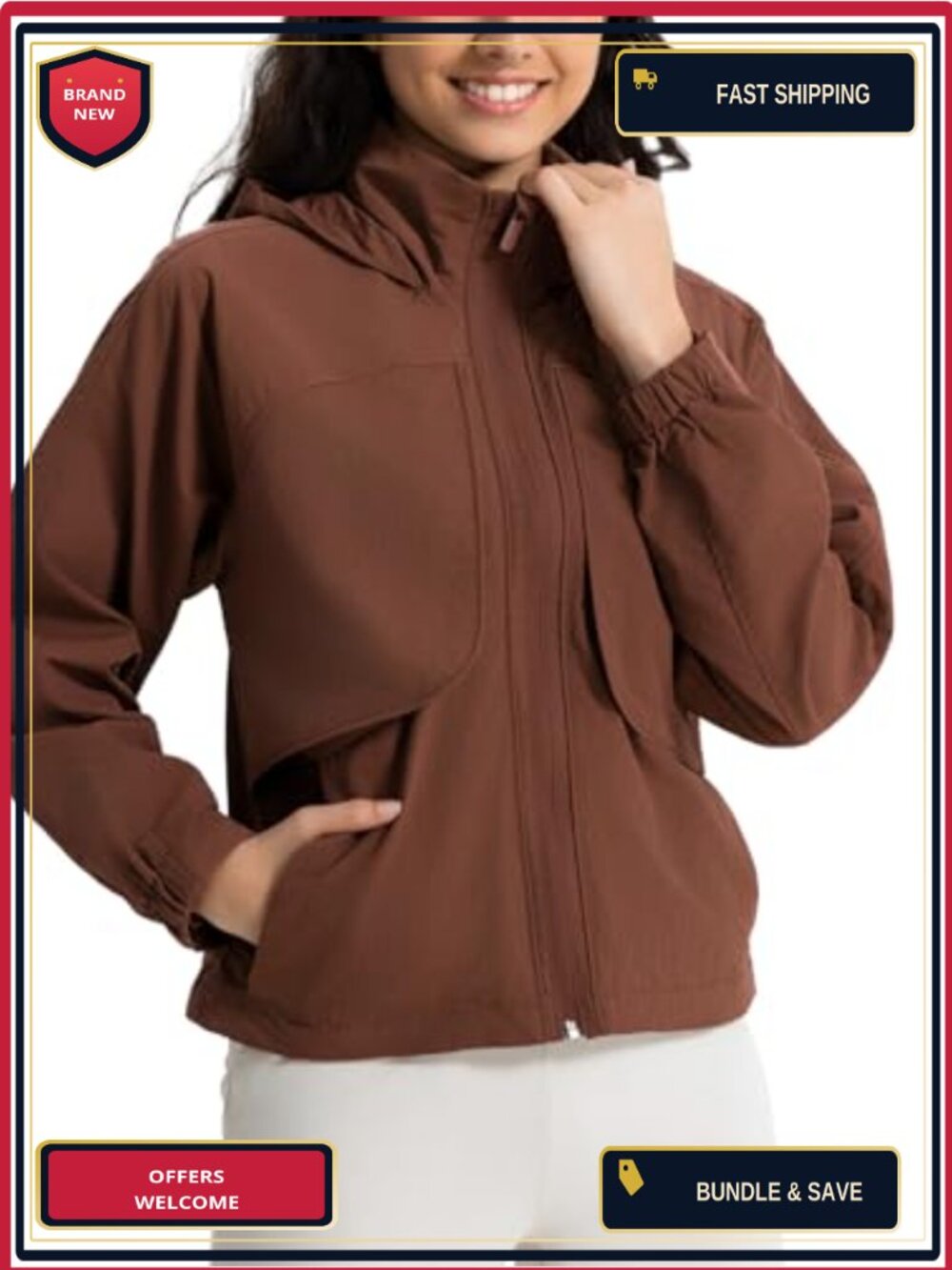 Women's Waterproof Nylon Hiking Rain Jacket Hooded Windbreaker 5 Pockets